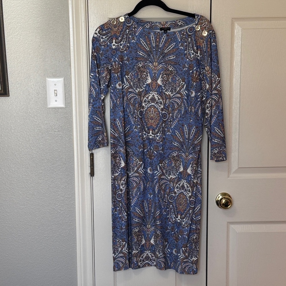Talbots Elegant Blue and Brown Long Sleeve Dress